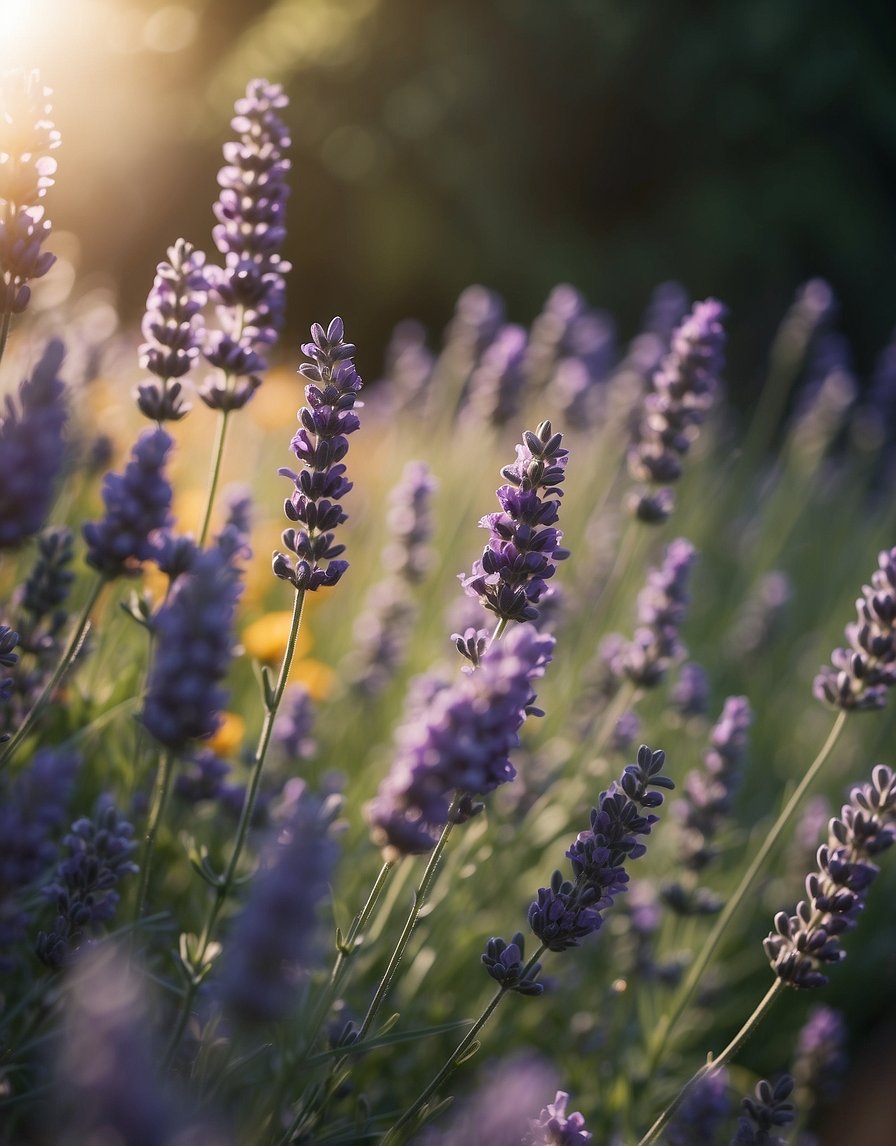 A garden filled with vibrant lavender plants, their fragrant scent wafting through the air. Bees buzz around the flowers, adding to the lively scene