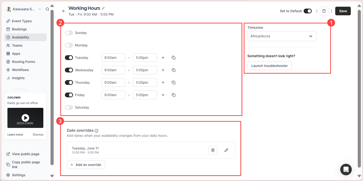 Set up default availability in Cal.com