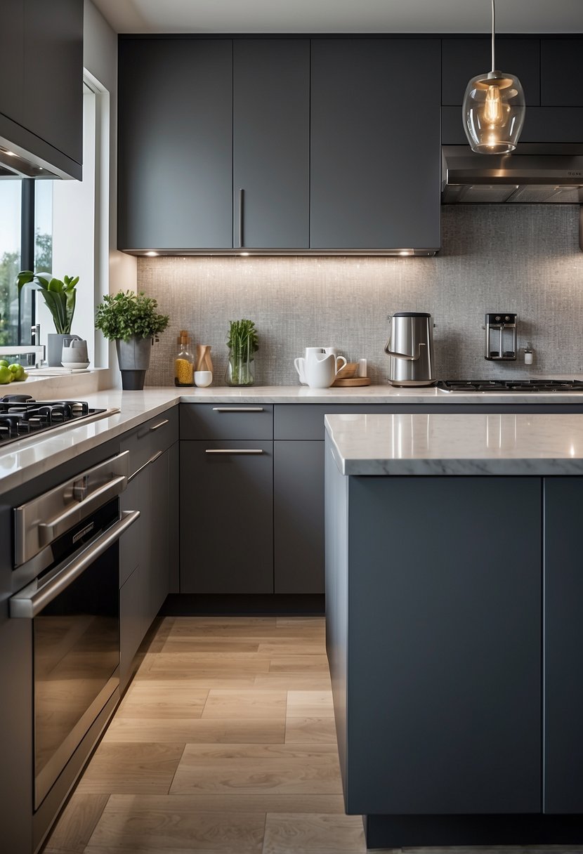 The kitchen features sleek gray cabinets and stainless steel appliances