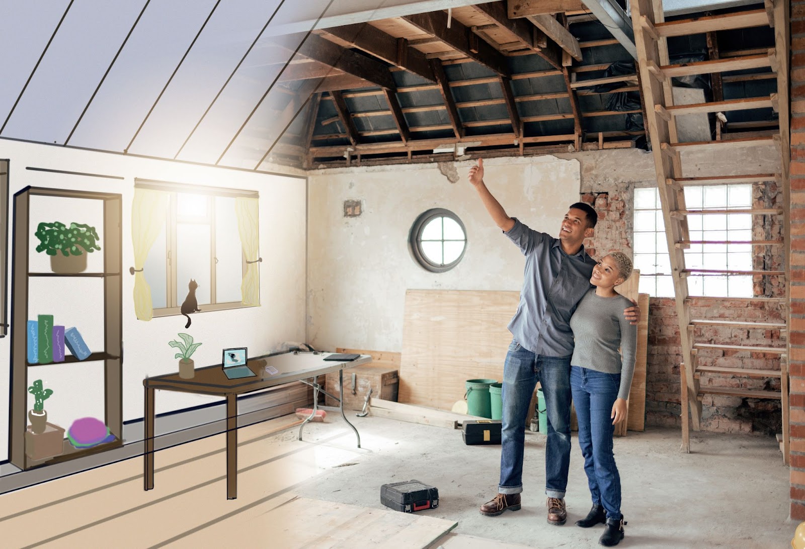 A couple with an animated home on half the image and a home going through renovations on the other side. 