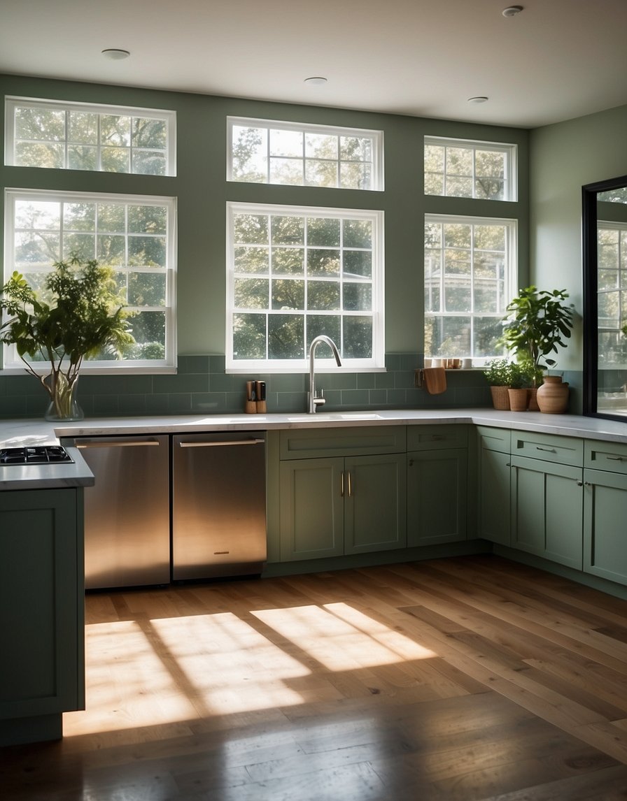 A modern kitchen with sage green cabinets, white countertops, and stainless steel appliances. Light streams in through a large window, illuminating the clean, minimalist design