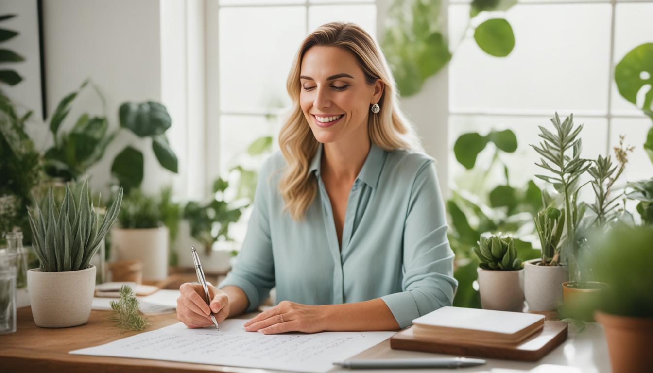 A woman sits at a desk with a pen in hand, carefully crafting her 'Love List' as she visualizes all the qualities and traits she desires in her dream partner. The room is filled with natural light and plants, creating a serene and uplifting atmosphere. The woman is focused and determined, with a peaceful expression on her face as she writes down her heartfelt hopes and dreams for her future relationship. The image radiates an aura of positivity, hope and possibility.