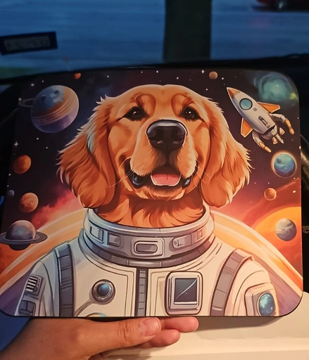 Custom pet mouse pad of golden retriever in outer space