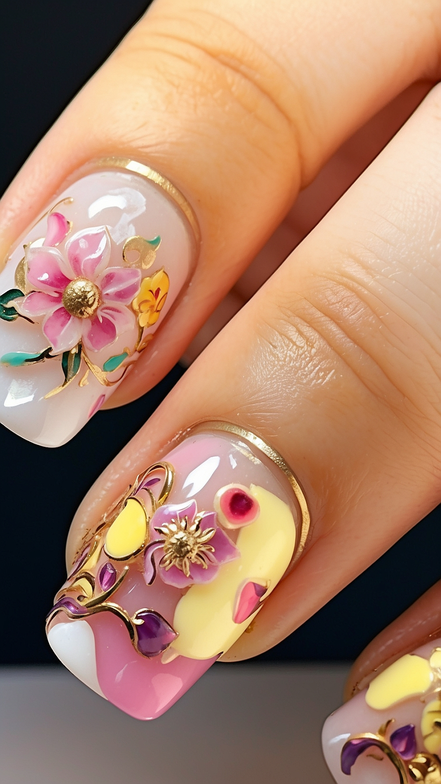 A close-up of a hand showcasing vibrant summer-themed nail art designs. The nails are decorated with bright colors, including pink, yellow, and white, featuring detailed 3D floral decorations and abstract patterns. The designs are accented with gold outlines, adding a touch of sophistication to the playful, colorful look.