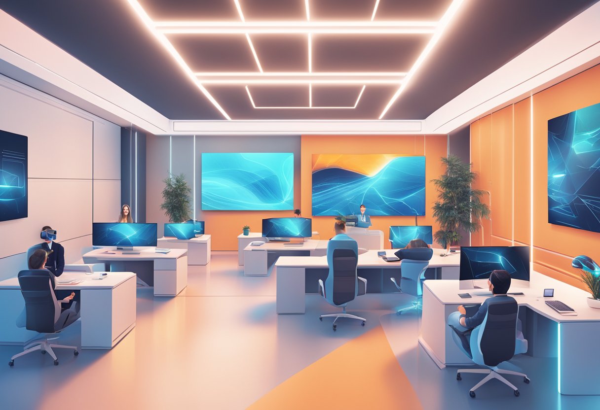 A futuristic office with holographic screens and virtual reality headsets, showcasing seamless remote sales interactions