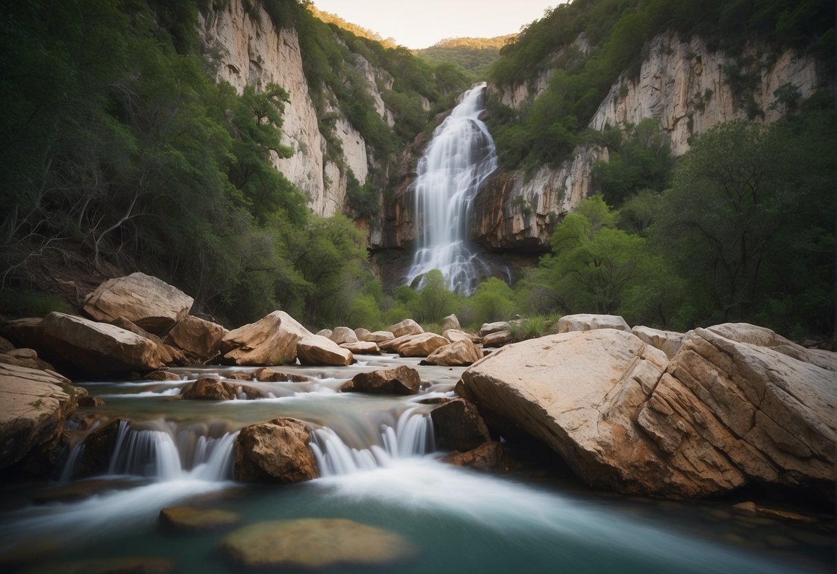 The majestic Turner Falls cascades over rugged rocks, surrounded by lush greenery and towering cliffs, creating a breathtaking natural wonder