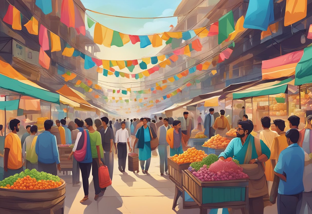 A bustling Delhi market with vibrant colors and diverse products, showcasing local culture and attracting digital marketing company