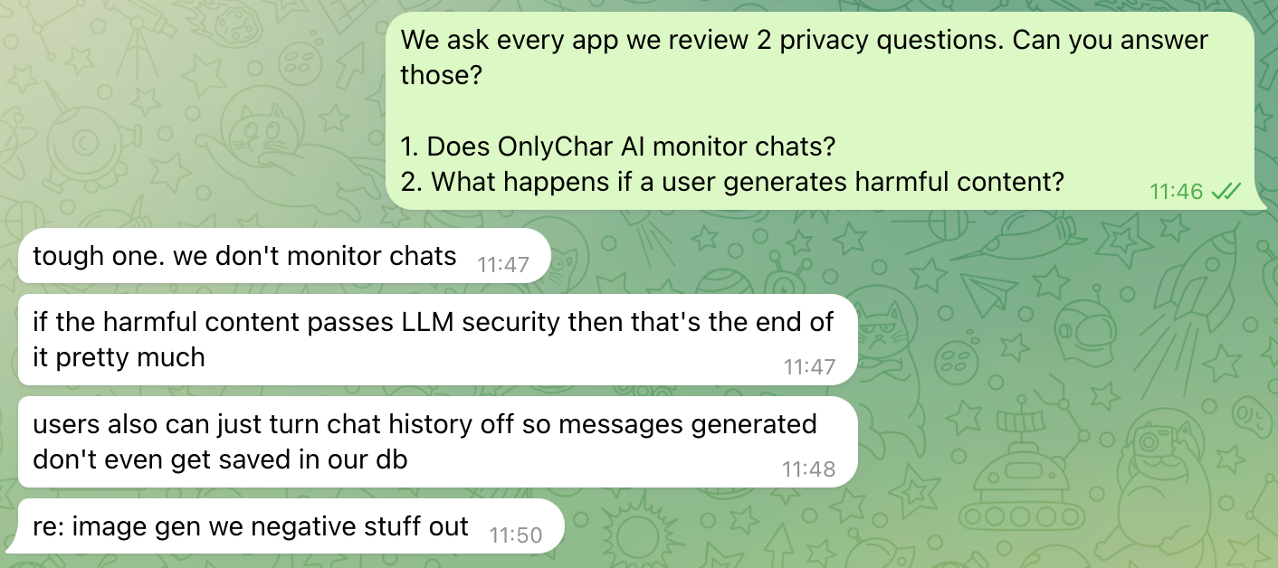 "Does OnlyChar AI monitor chats?"