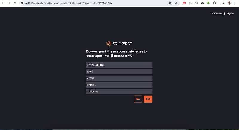 Imagem do artigo sobre Testes automatizados de API Rest com site solicitando permissões para uso do Plugin StackSpot AI, onde na foto aberta temos o site, com os  botões "No" e "Yes", onde acionamos o botão "Yes" para aceitar as permissões e estabelecer conexão do Plugin, site e IDE.