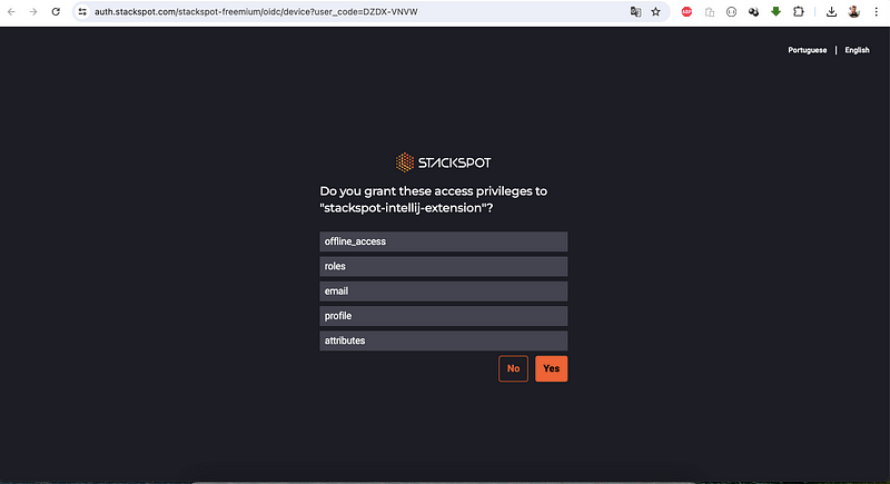 Site solicitando permissões para uso do Plugin StackSpot AI, onde na foto aberta temos o site, com os  botões "No" e "Yes", onde acionamos o botão "Yes" para aceitar as permissões e estabelecer conexão do Plugin, site e IDE.