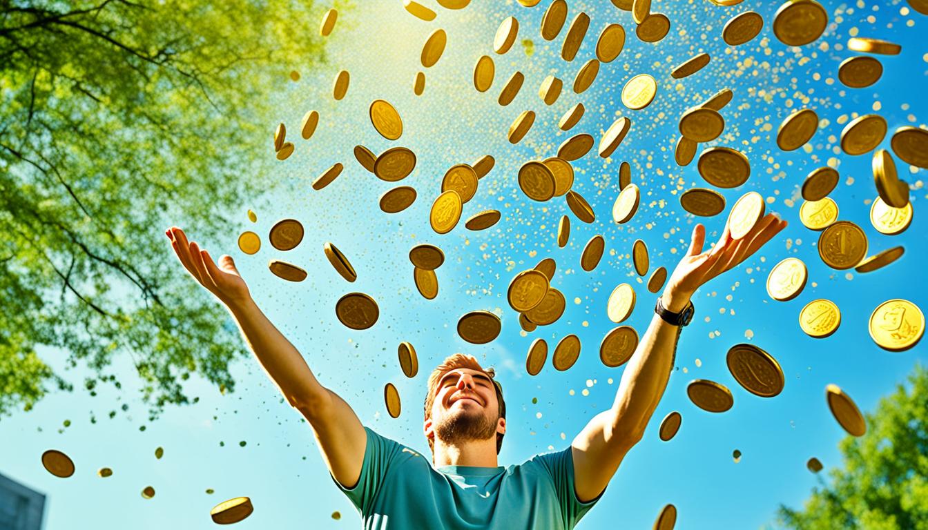 A vivid vision of golden coins raining down from the sky onto a person's open hands. The person is standing in front of a bank and there are green trees and blue skies in the background. The coins should be sparkling and reflecting light, giving a sense of abundance and wealth.