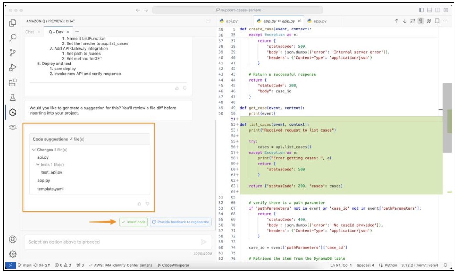 Amazon Q Developer user interface in VS Code