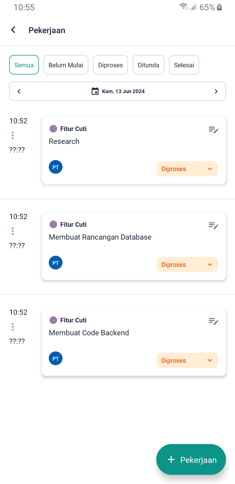 Tampilan Fitur Timesheet pada Dashboard Karyawan