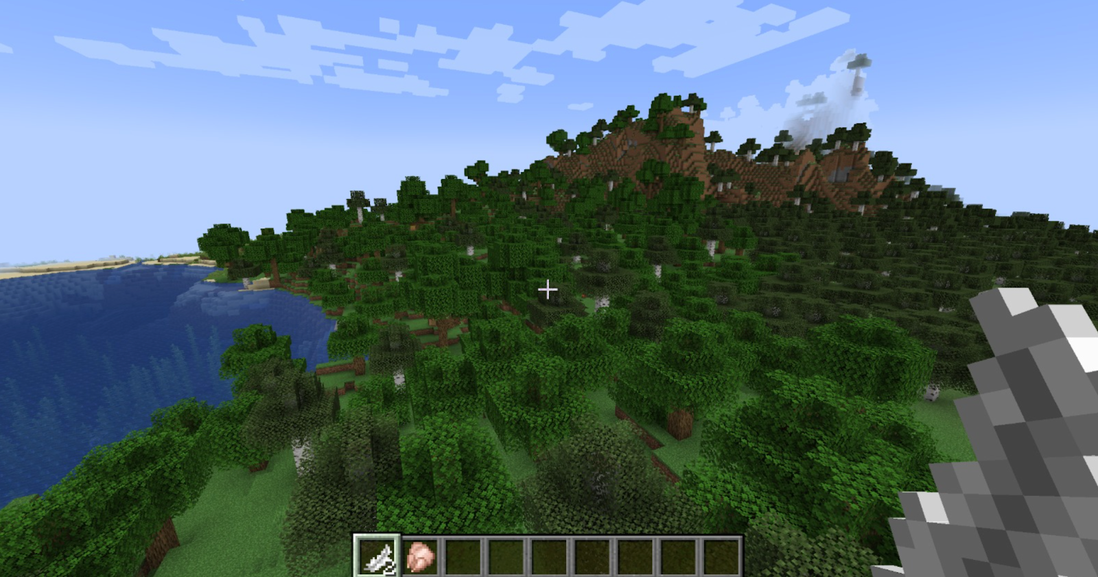 Screenshot showing a Minecraft world with different biomes