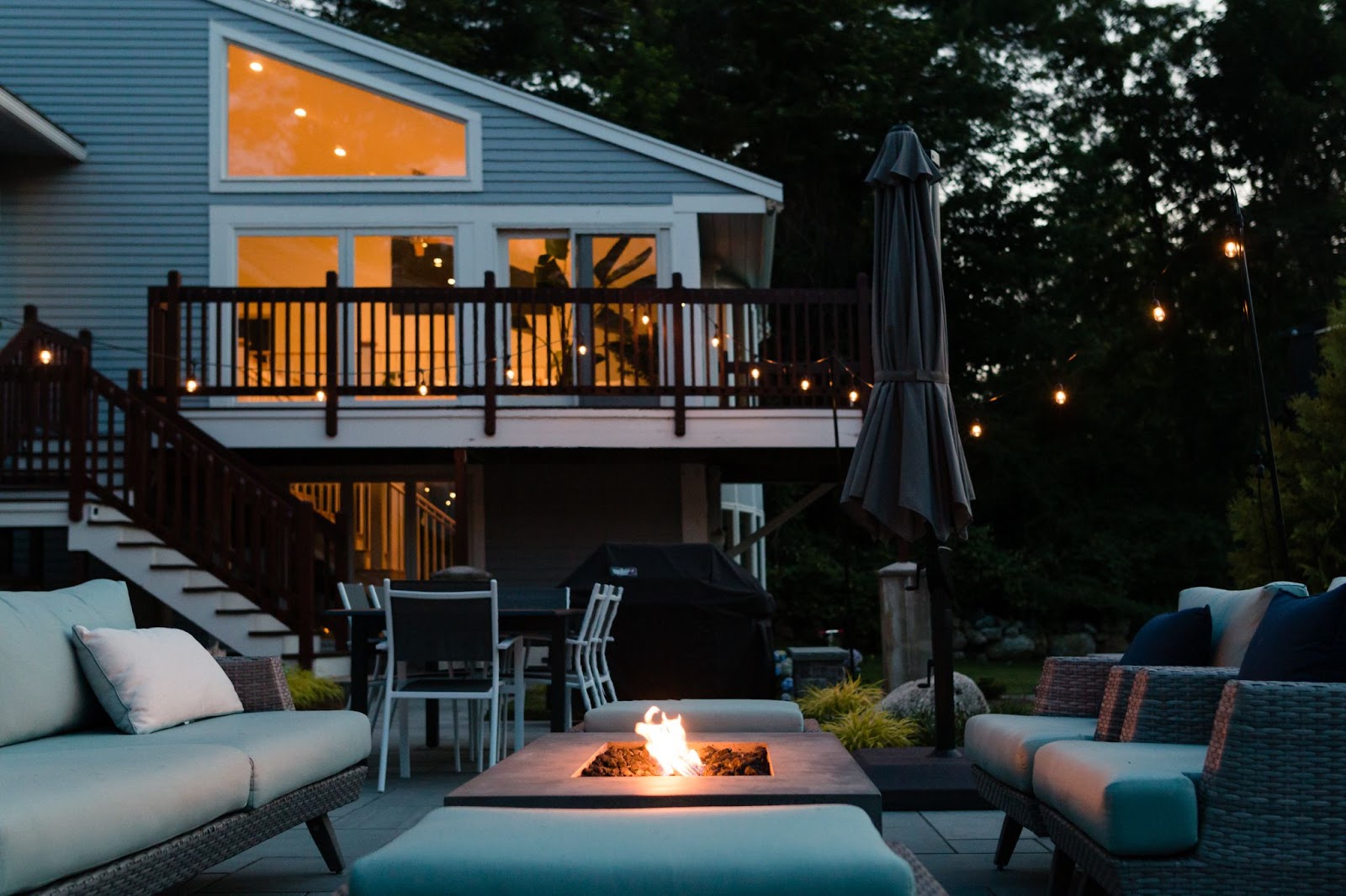 An outdoor fire pit at night