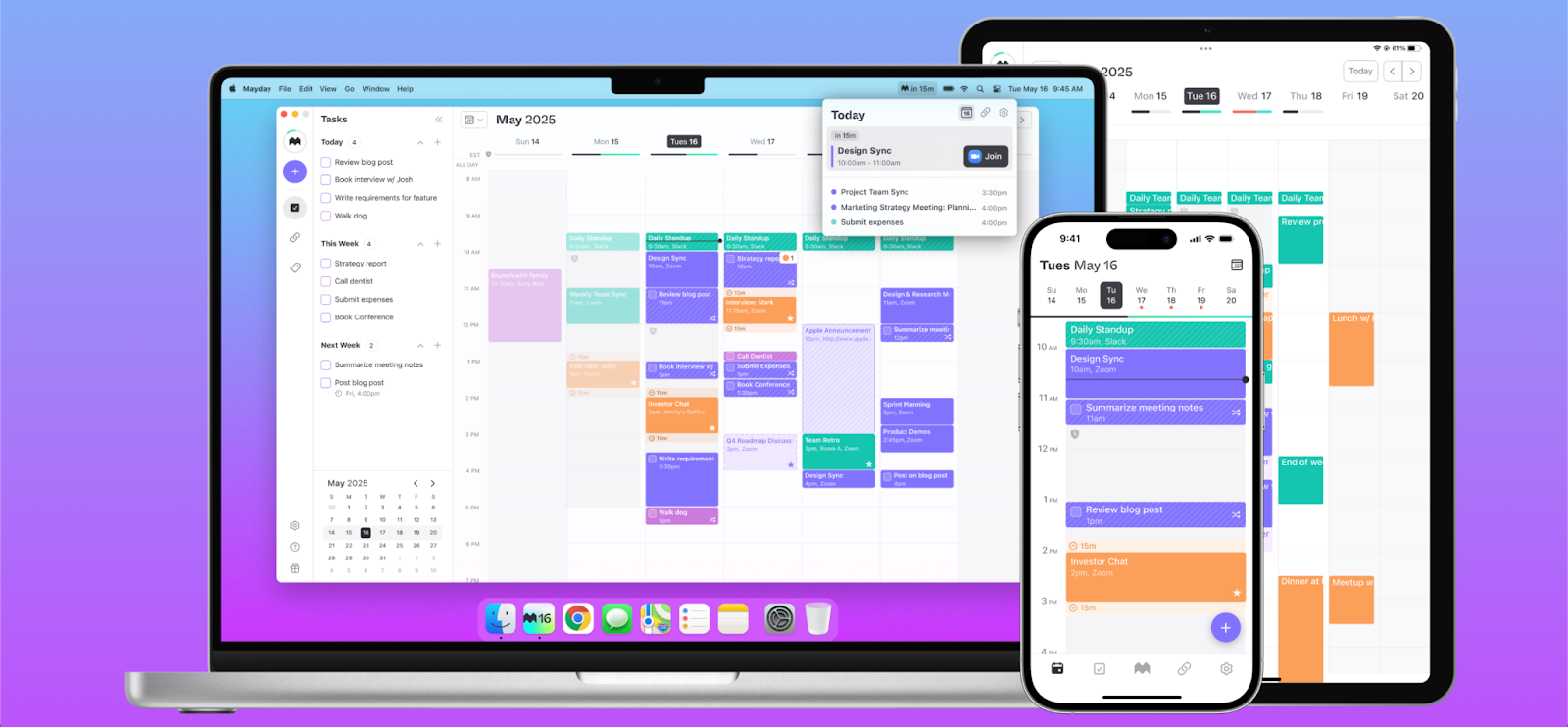 Mayday - Scheduling app examples on desktop, tablet, and mobile 