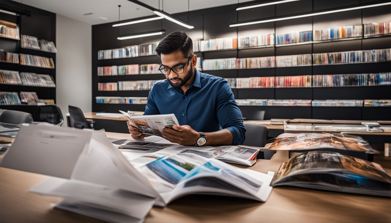 An investor examining structured product brochures in a modern office.