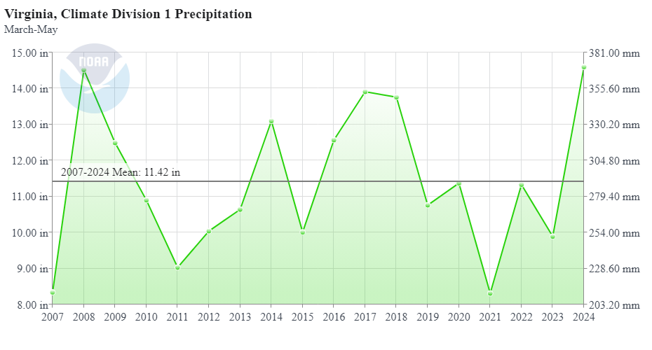 Graph showing that Tidewater Virginia had much higher precipitation than usual in spring 2024