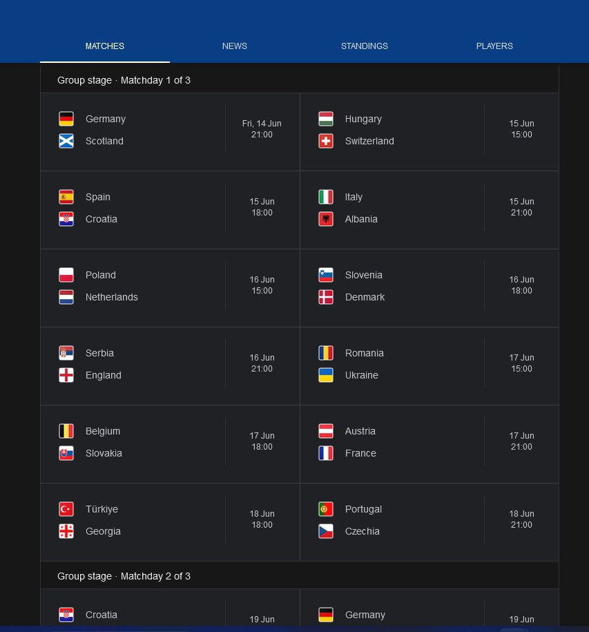 جدول بازی های جام ملت های اروپا 2024