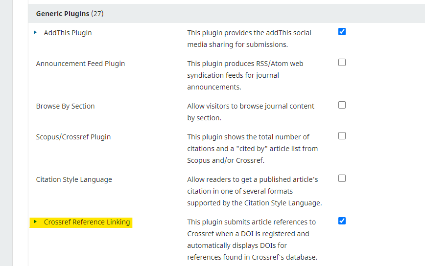 Under the 'Generic Plugins' heading, the Crossref Reference Linking plugin has been highlighted, and the checkbox beside it has been checked.