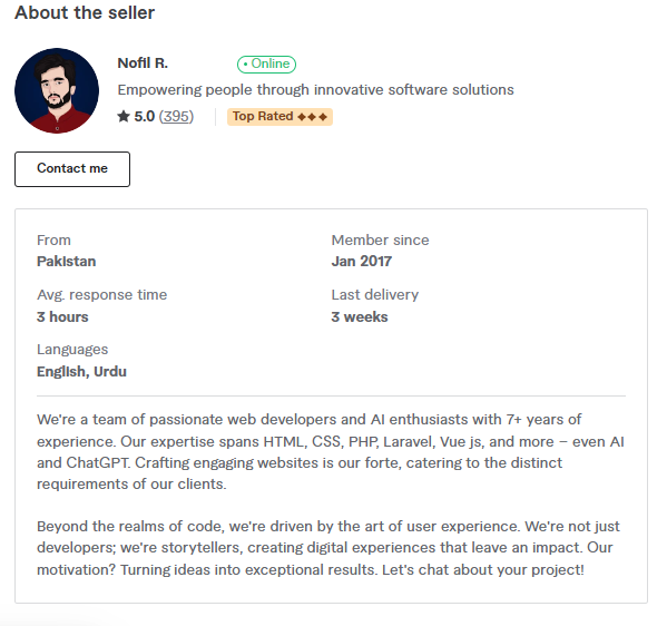 Nofil's Fiverr profile - the best custom website developer on fiverr