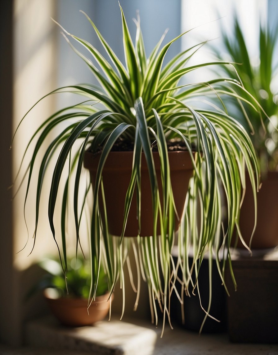 Spider plant in a hanging pot, receiving indirect sunlight. Watering with room temperature water, and occasional pruning of brown leaves