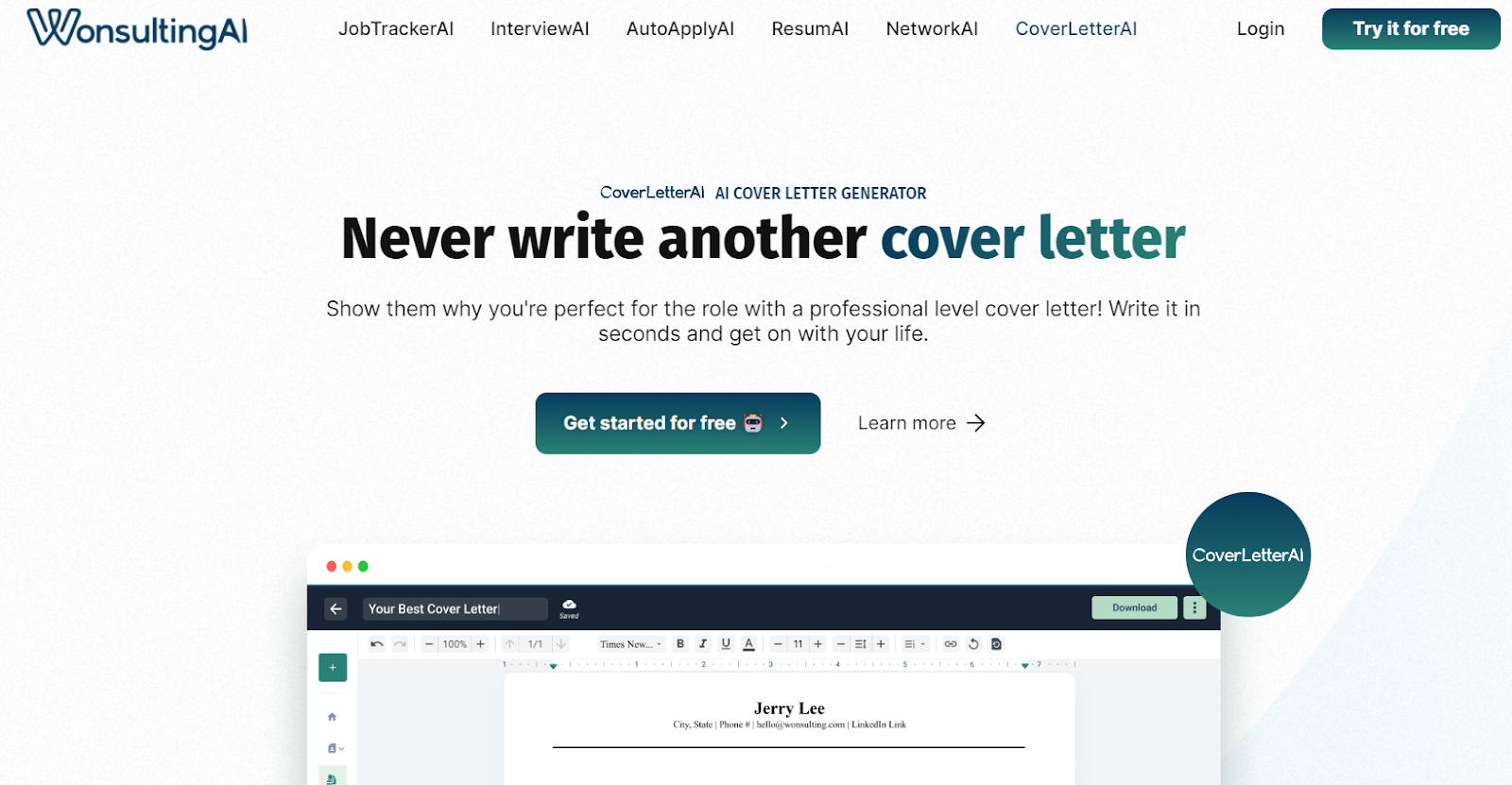 Wonsulting.ai AI Cover Letter Generator