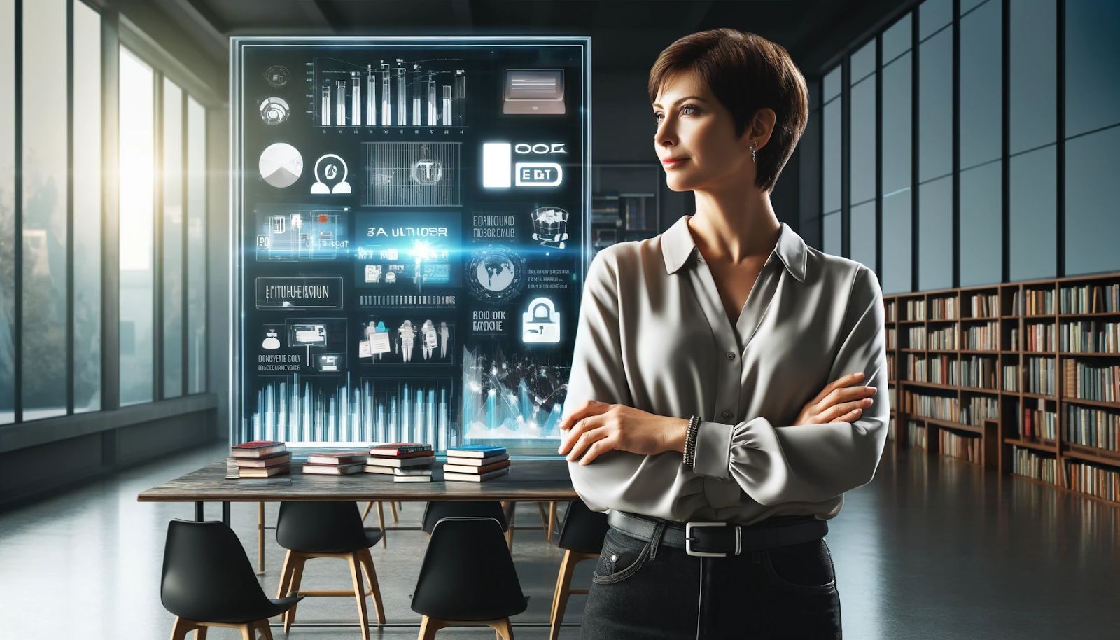 Woman in a modern library with a futuristic digital interface displaying publishing trends and data behind her.
