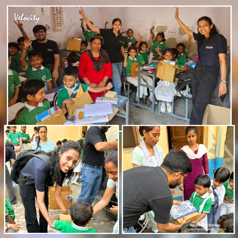 Children posing with Velocity members, sharing joyful moments during our School visit