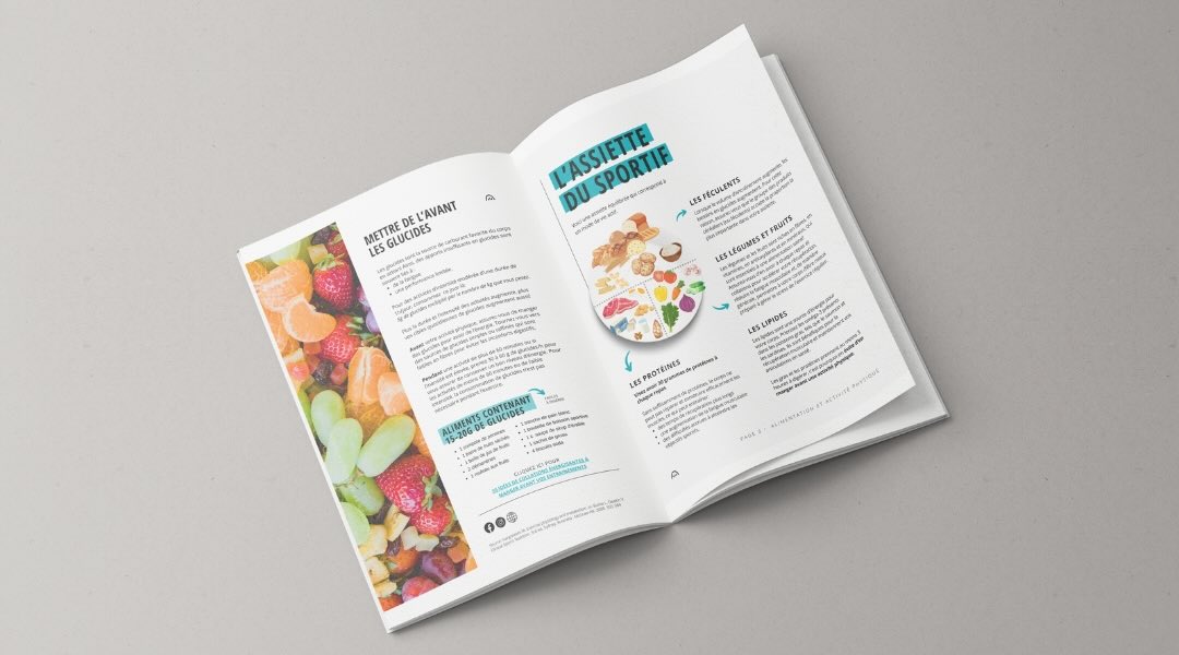 A double page of a magazine or book on nutrition, highlighting carbohydrates and 'The Athlete's Plate'. The left page features an image of various fruits and text about the importance of carbohydrates. The right page describes different food groups necessary for a balanced sports diet, with an illustration in the centre.