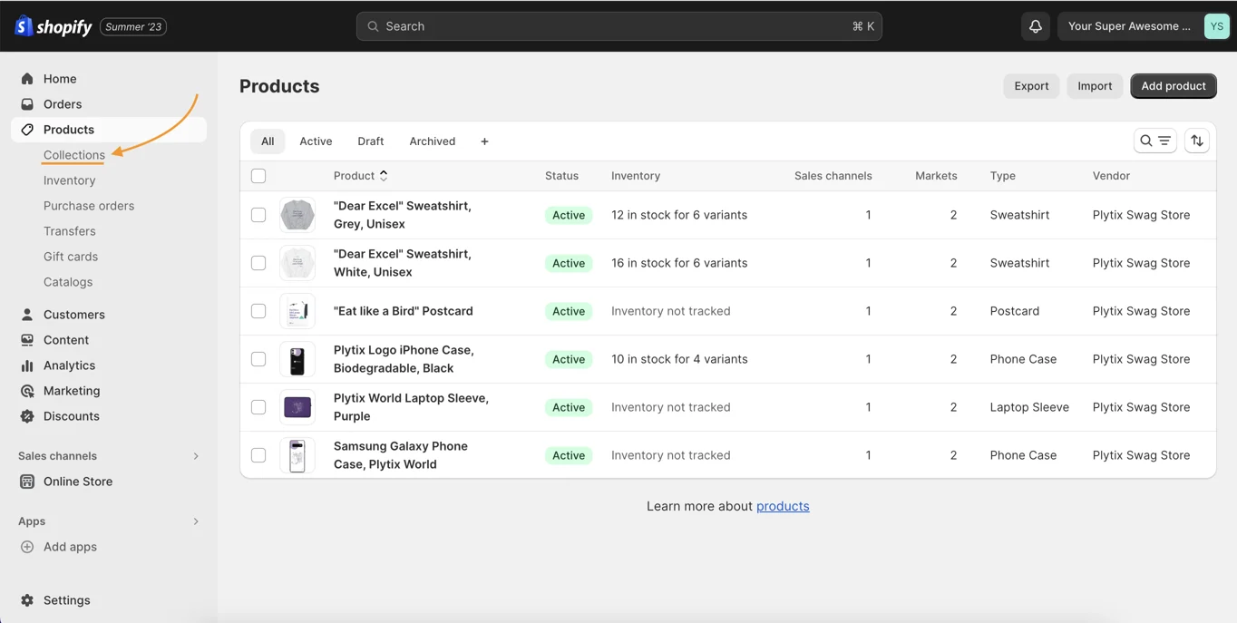 A screenshot of a Shopify settings page showing the statistics related to a shop's products.