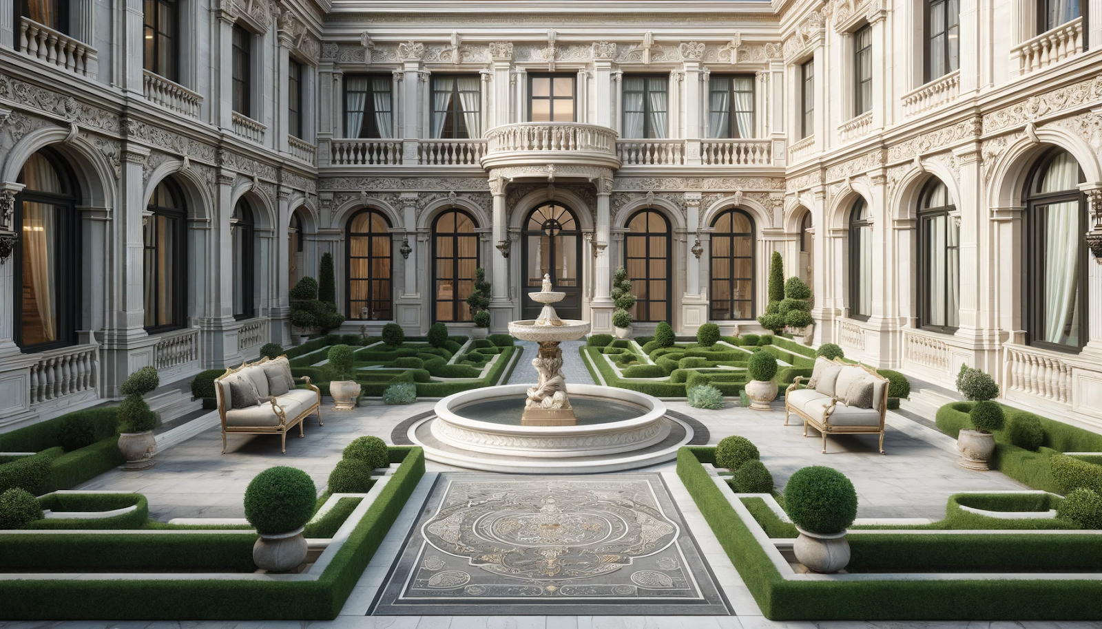 a courtyard with a fountain and a fountain and a sofa