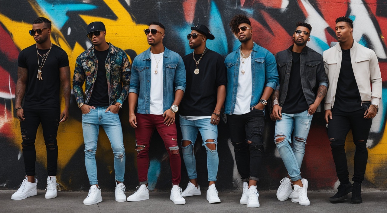 Show a group of modern guys wearing trendy Fashion Nova Men outfits, posing confidently in front of a graffiti wall in an urban setting. The guys should have different body types and ethnicities, but all exude cool and edgy vibes. Some of them could be wearing distressed jeans with oversized graphic tees, while others don tailored suits with bold colors and patterns. Make sure the image has a dynamic composition and play with different angles to showcase the outfits' details.