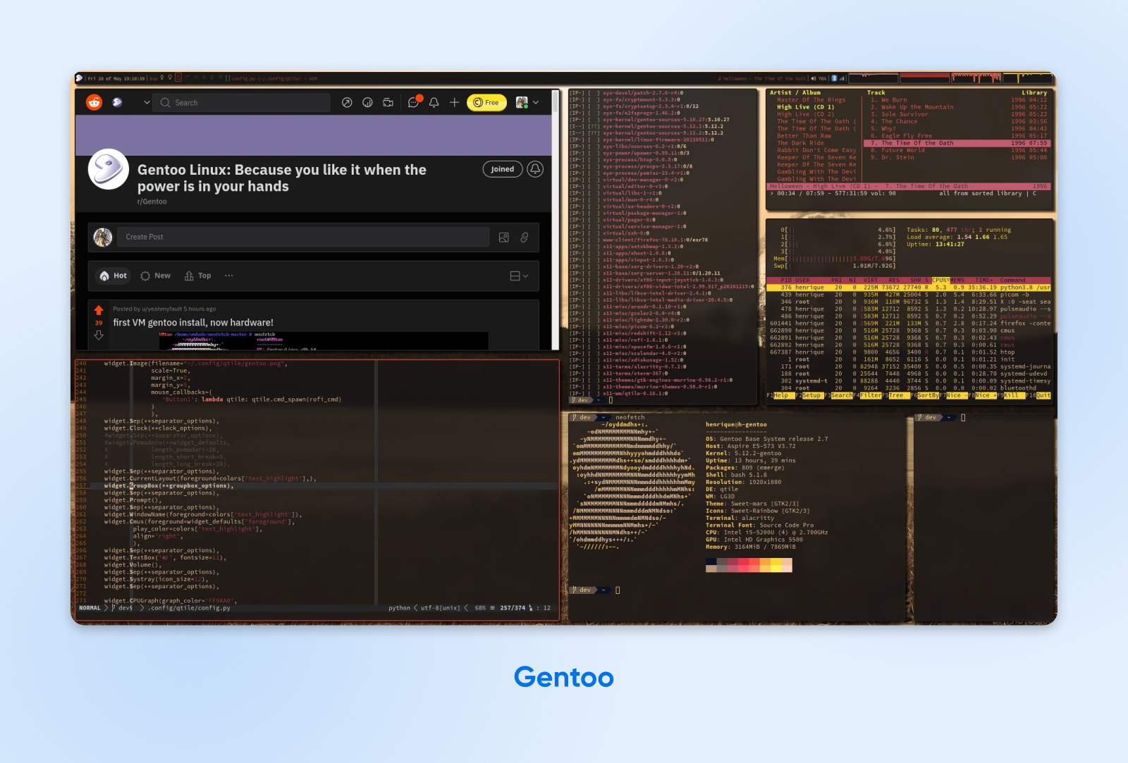 El escritorio GNOME en Gentoo Linux con una terminal que muestra la salida del código y la información del sistema.