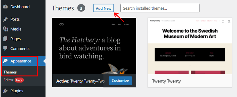 Go to Appearance> Themes and click add new