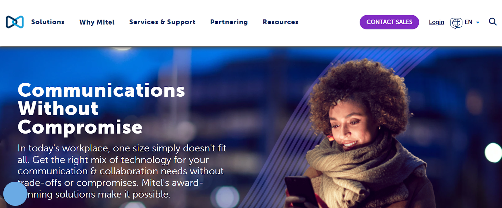Mitel website snapshot highlighting the services it offers.