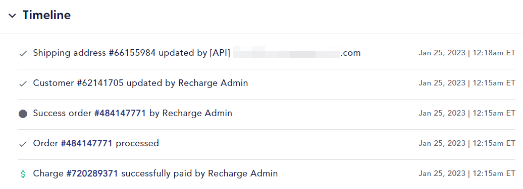 Timeline on the Recharge customer page