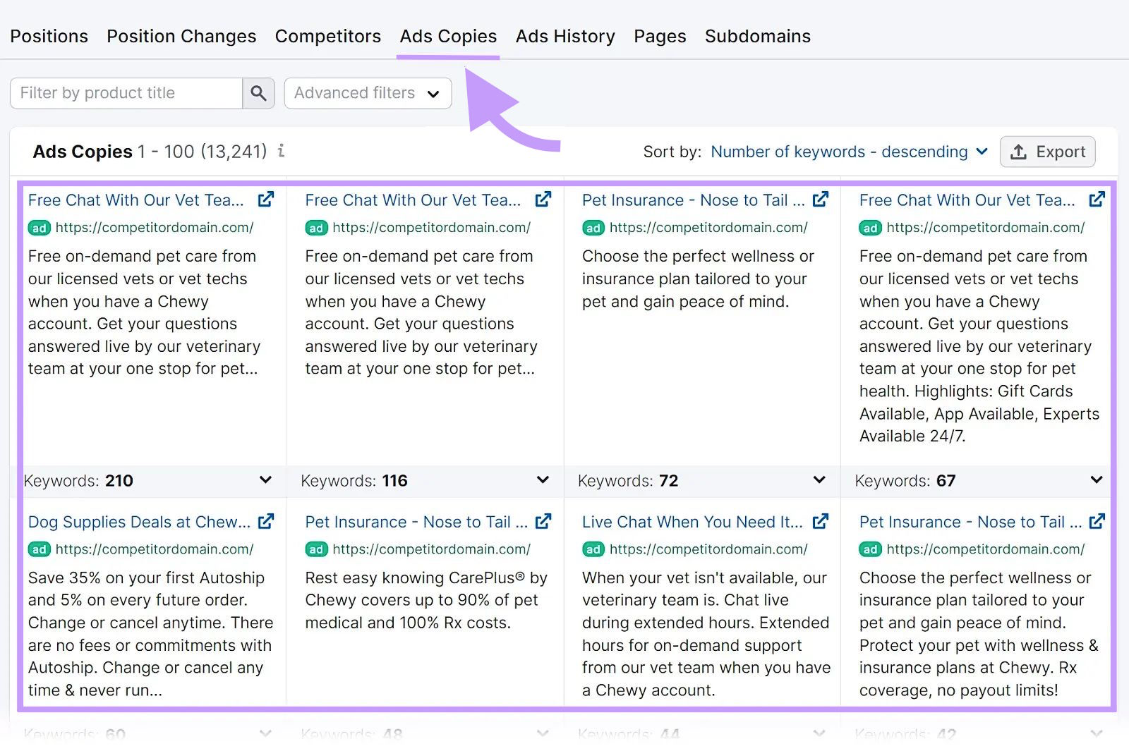 "Ads Copies" dashboard in Advertising Research tool