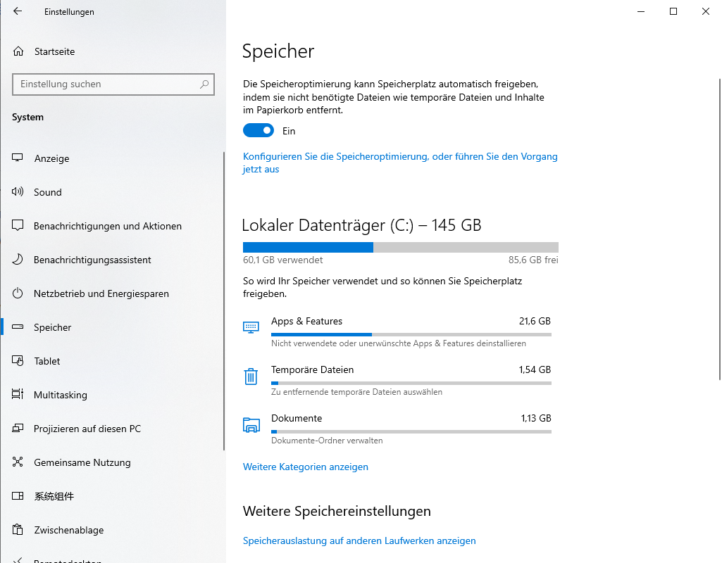 Speicheroptimierung zum Löschen temporärer Dateien in Windows 10