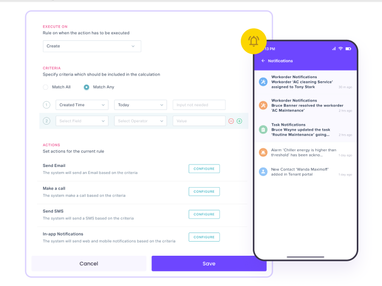 Work order field showing execution timeline and preset criteria and actions for field tasks