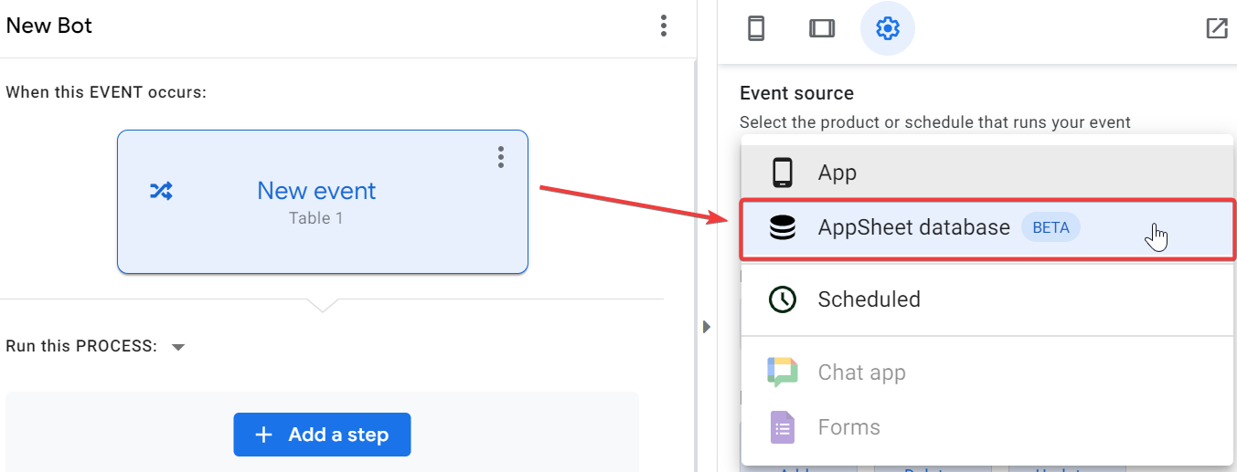 Préciser l'origine de l'évènement : AppSheet Database