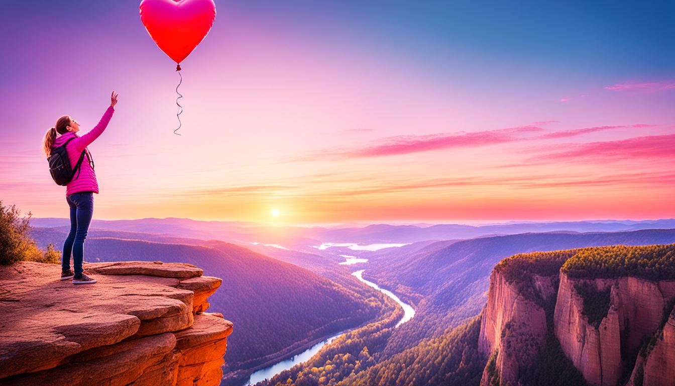 An image of a person standing at the edge of a cliff, looking out towards a beautiful landscape while holding a heart-shaped balloon. A beam of light shines down on them, illuminating their face with a warm glow. In the distance, a flock of birds flies towards them. The sky above is a vibrant shade of pink and orange, symbolizing love and passion. The person appears to be in deep meditation, focusing their thoughts on attracting their dream partner. The balloon represents their hopes and desires, while the birds represent the universe's willingness to make their wishes come true through manifestation techniques.