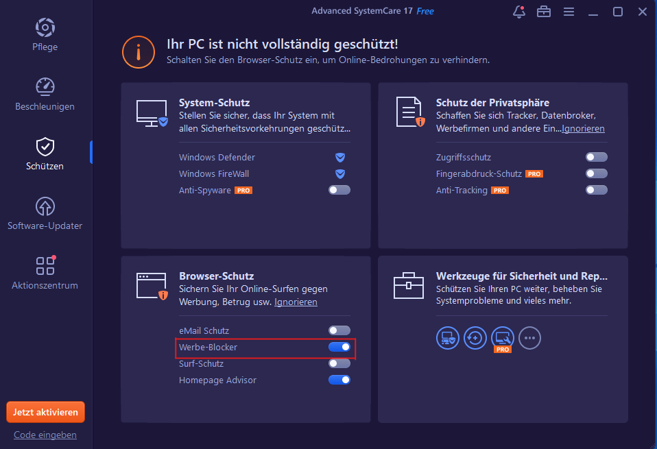 Pop-ups mit Advanced SystemCare blockieren