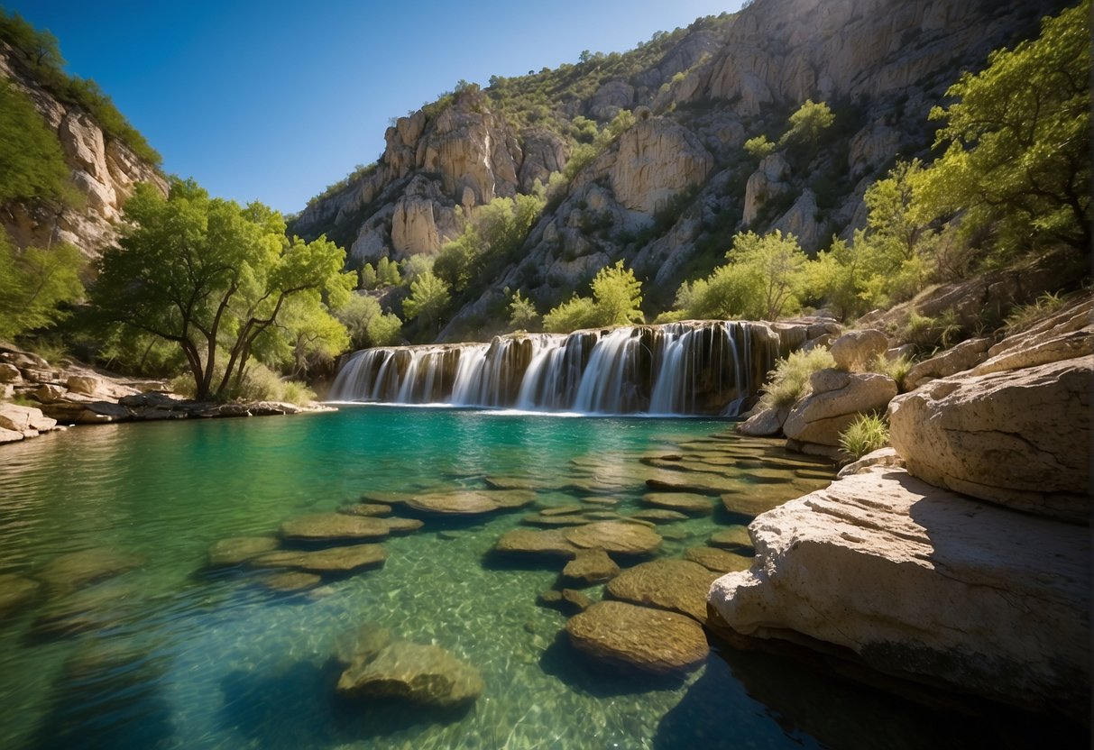 Sunlight filters through lush green trees, casting dappled shadows on the crystal-clear waters of Turner Falls. The majestic waterfall cascades down rugged cliffs, creating a serene and picturesque scene