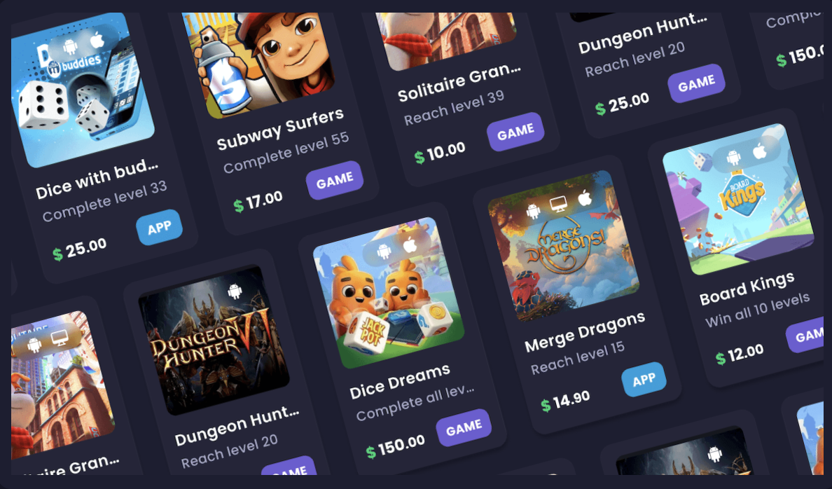 Some of the games available to play for rewards on the Freecash website along with the levels you need to reach for payout and the reward amount for each. 