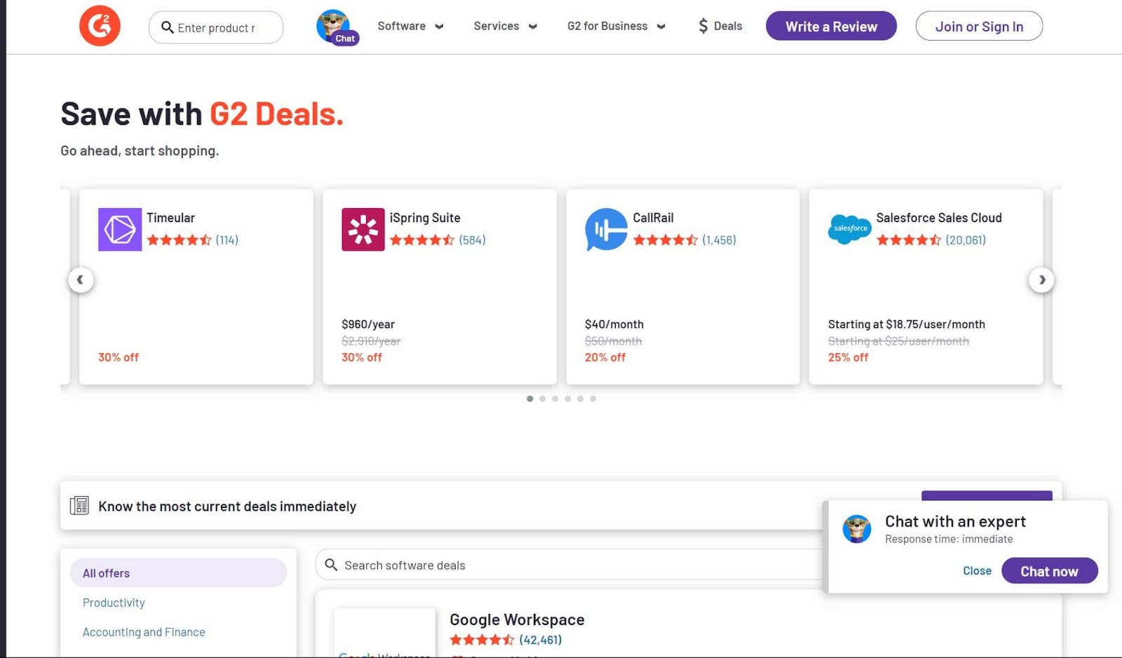 Screenshot of G2 Deals website