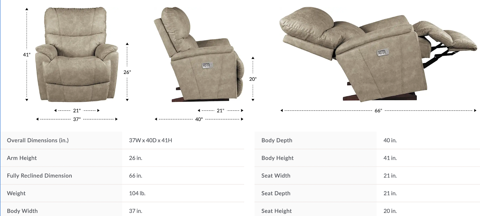 trouper power rocking recliner w/ headrest and lumbar dimensions