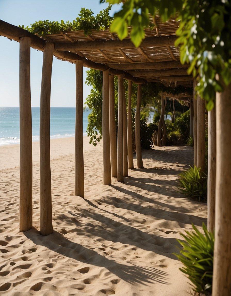 A pergola stands on a sandy beach with hammocks swaying in the breeze, surrounded by lush greenery and overlooking the crystal-clear ocean