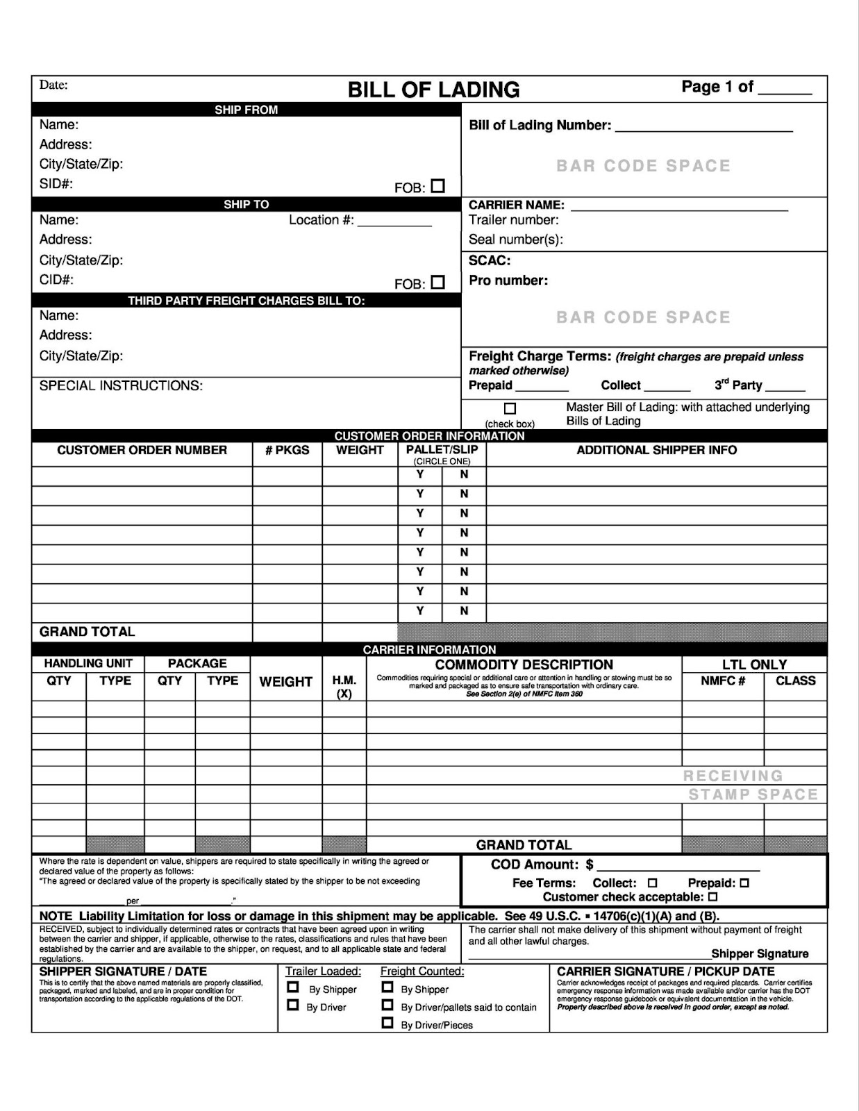 A Bill of Lading PDF document featuring fields for shipper and consignee information, cargo/product details, carrier information, special instructions, and signature lines. 