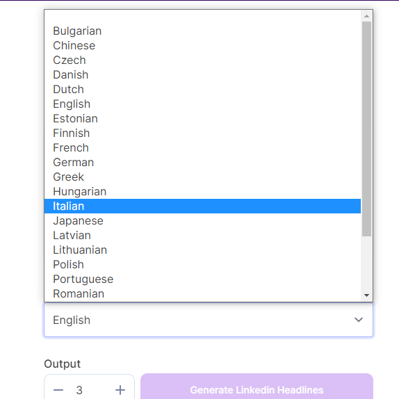 Language options on LinkedIn Headline Generator
